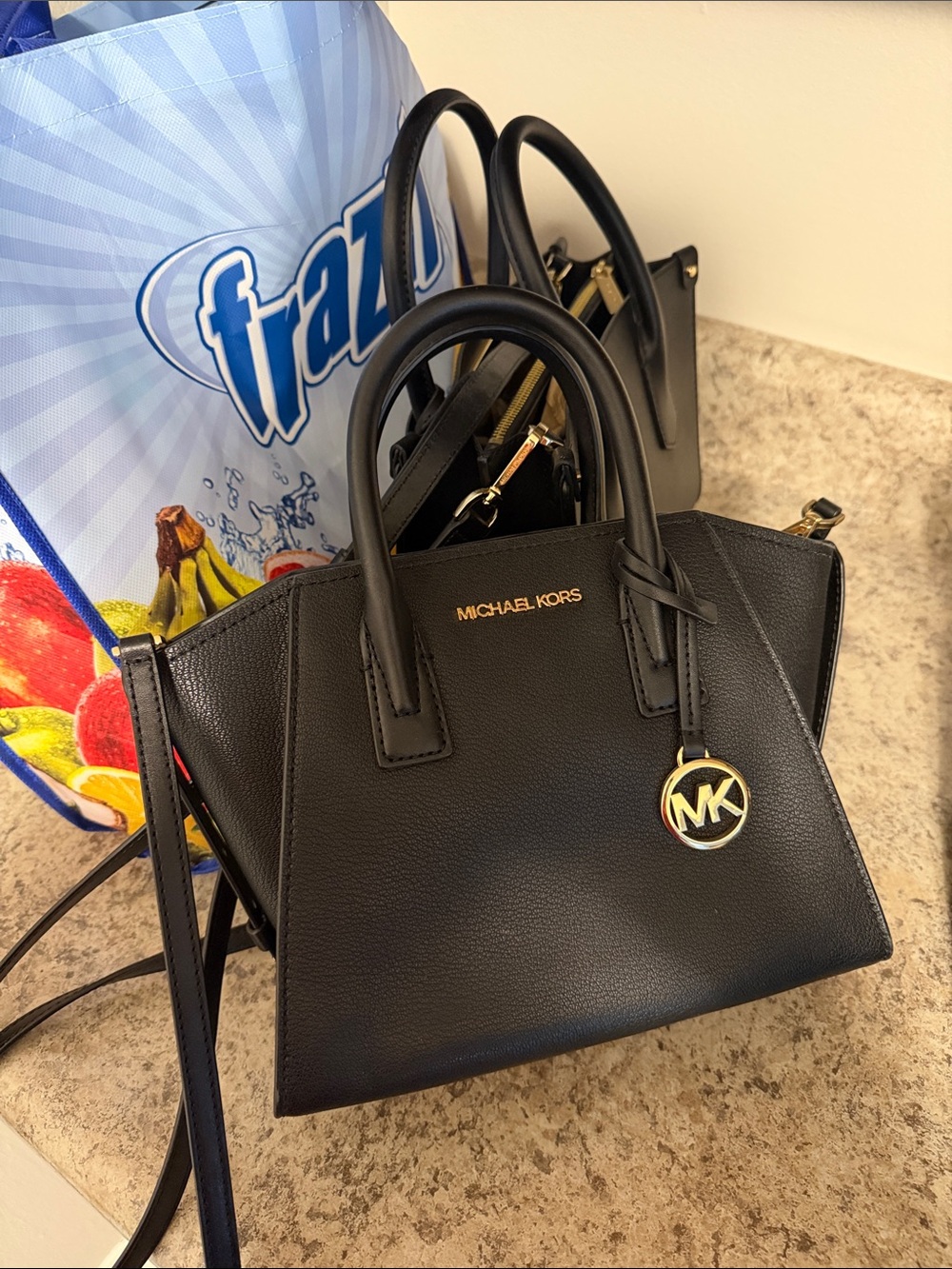 Michael Kors Black Leather Mini Satchel with MK Charm